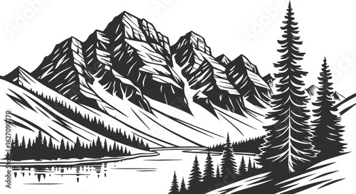 Wallpaper Mural Majestic mountain range with pine trees and reflective water mountains peaks Torontodigital.ca