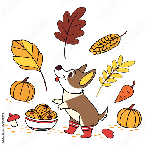 Harvest Blessings themed SVG: Mischievous Dog with wearing rain boots in a Thanksgiving environment