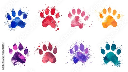 Colorful watercolor paw prints in vibrant hues for pet themed designs