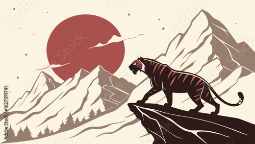 Majestic tiger surveys mountainous landscape under a large crimson sun mountains nature