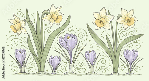 Elegant Floral Border with Daffodils and Crocuses in a Botanical Vintage Style Illustration
