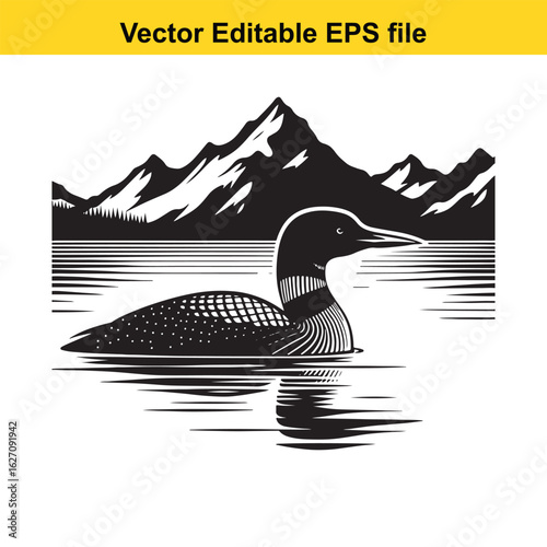 Vector art of loon swimming in lake with mountains and trees in background long horn, , long horn