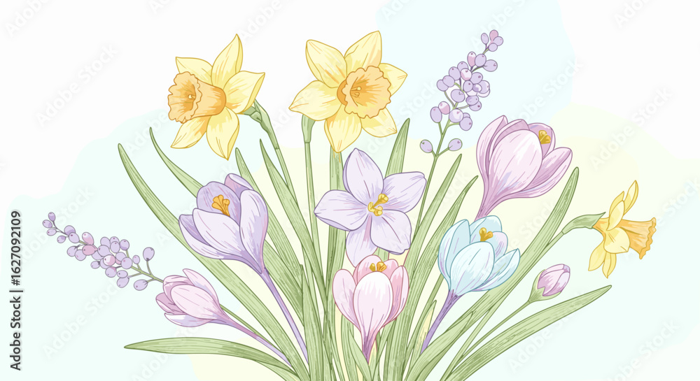 Obraz premium Springtime floral watercolor painting featuring daffodils, crocus, and hyacinth flowers evoking the beauty of the season.