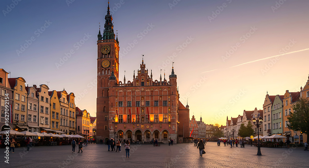 Naklejka premium Urban Poland - May 7, 2026: Main City Hall at Dlugi Targ Square in the old city center of Gdansk at sunset, in Poland. People on the background.