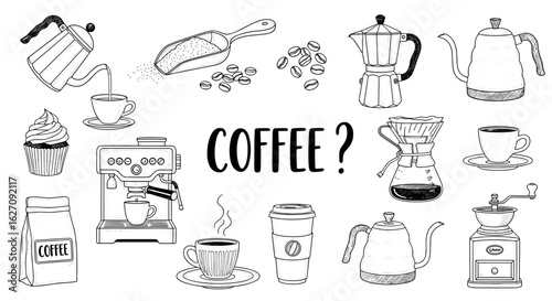 Coffee Time Sketch: Collection of Coffee Brewing Elements and Products with Question Mark