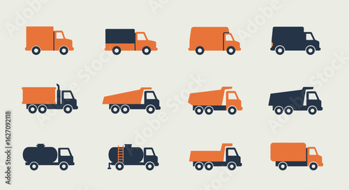 Collection of simple delivery truck and dump truck icons in orange and dark blue.
