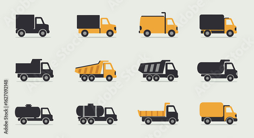Twelve truck illustrations in a grid, featuring various types of vehicles including dump trucks, tankers, and flatbeds, in black and yellow color schemes.