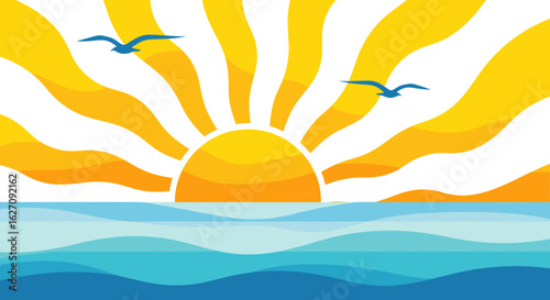 Stylized Seascape at Sunrise Illustration: Bright Yellow Sun Rays, Blue Ocean, and Seagulls in Flight