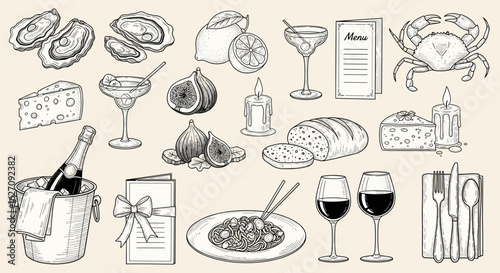Elegant engraved illustration showcasing fine dining elements, including seafood, cheese, drinks, and elegant presentation.