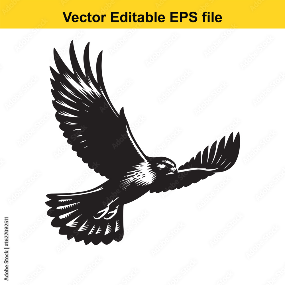 Naklejka premium Vector art of black silhouette of a flying eagle isolated on white background long horn, , long horn