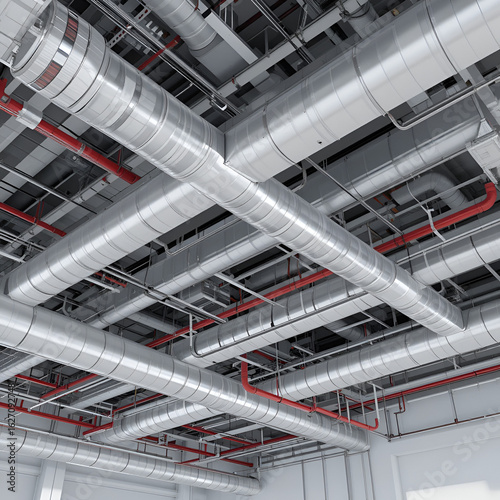 Ceiling view of MEP (Mechanical, Electrical, and Plumbing) systems, showcasing organized installation of HVAC ducts, fire protection pipes, electrical conduits, and communication lines.3d rendering