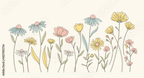 Delicate Floral Arrangement in Pastel Colors Featuring a Variety of Spring Wildflowers