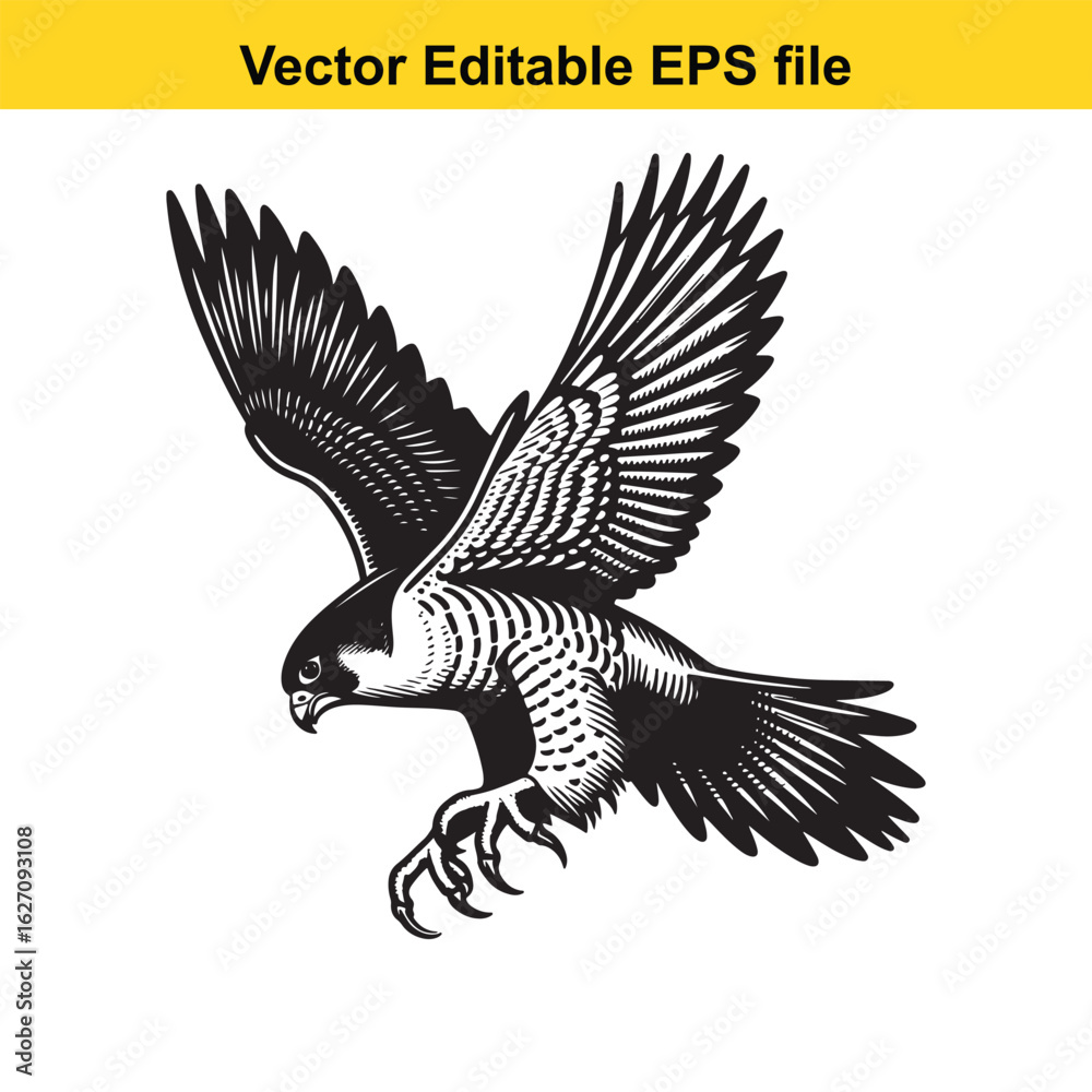 Naklejka premium Vector art of peregrine falcon in flight isolated on white background long horn, , long horn