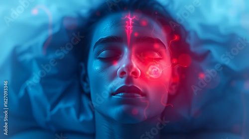 Surreal health. Metaphorical sleep paralysis emotions of a mental illusion. Hallucination - due to sleep paralysis: abstract image of health condition. Abstract medical background. Brain fo.