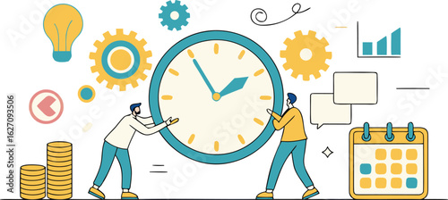 People working together on a large clock with business elements time gears