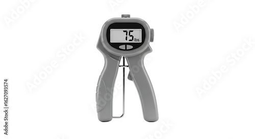 Digital Hand Dynamometer Displays 75 Percent on Screen in Light Gray Isolated on White Background Represents Grip Strength and Exercise Equipment