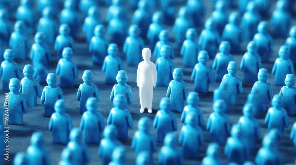 Obraz premium A white figurine stands out among many blue figurines arranged in rows on a blue surface, symbolizing individuality and uniqueness