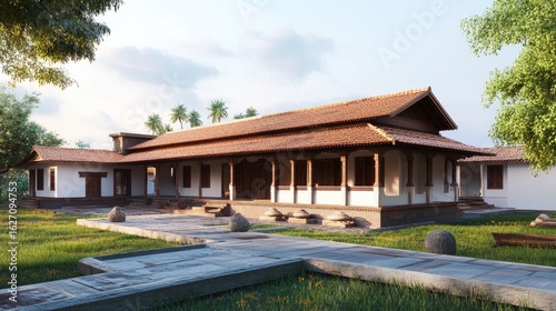 Serene Kerala-Style House: Architectural Rendering
