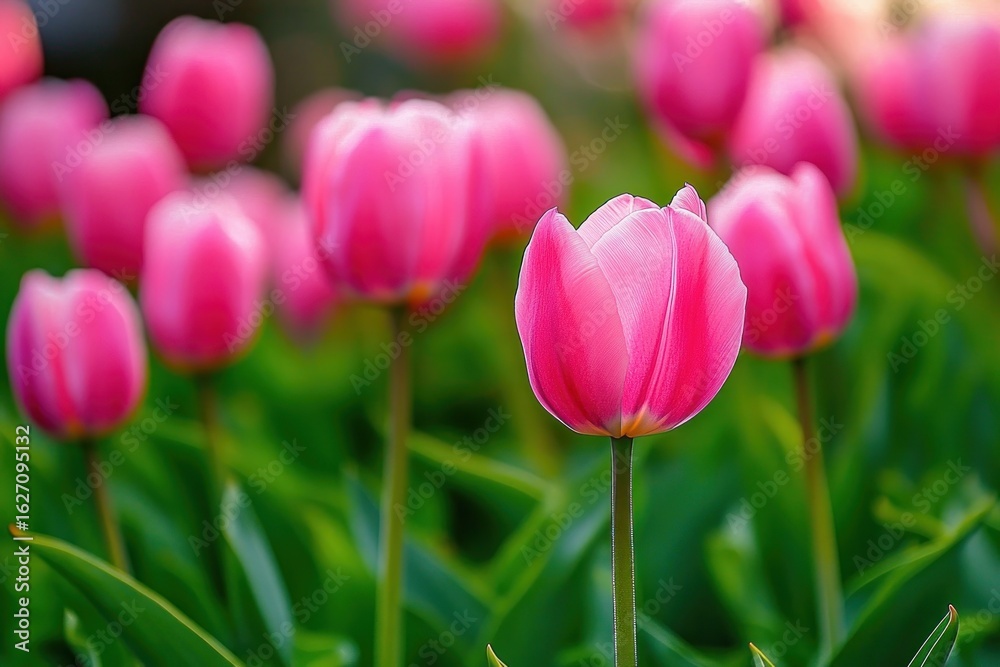 Fototapeta premium Close-up of vibrant pink tulip blooming among a field of soft-focused pink tulips with lush green leaves in natural sunlight conveying freshness and serenity