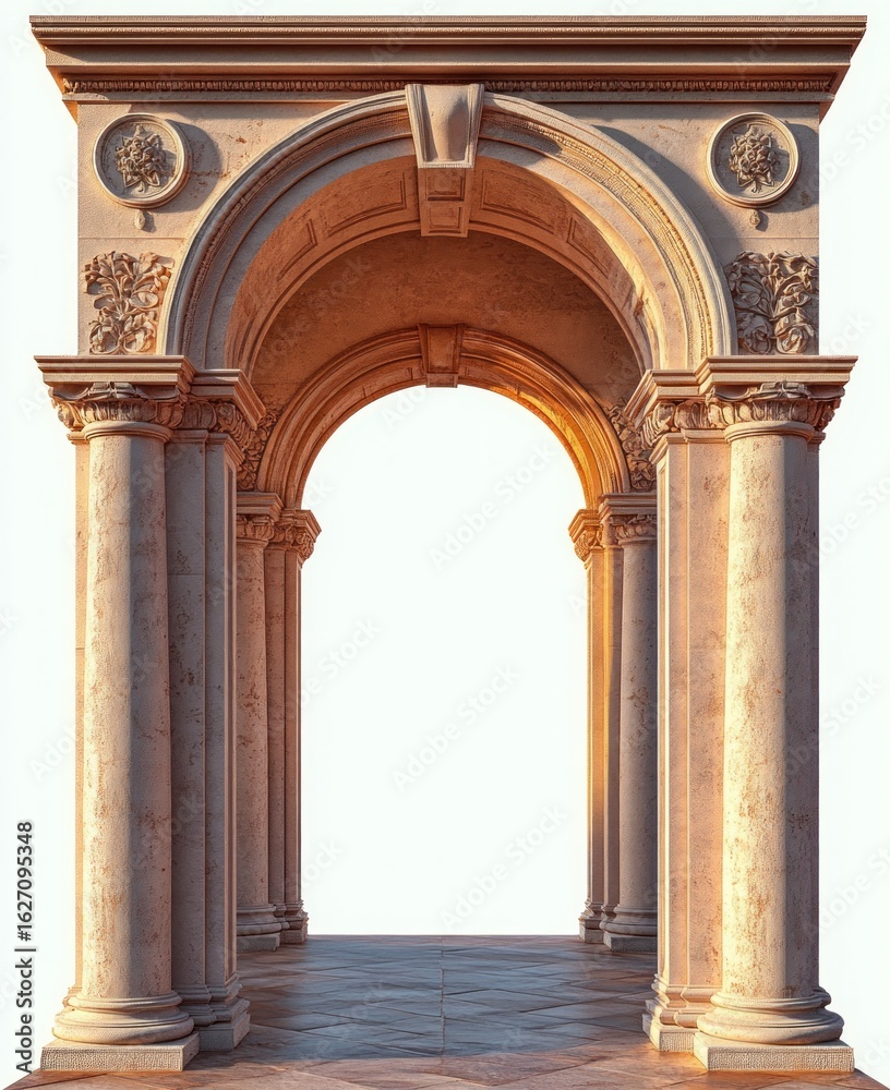 Naklejka premium ornate classical stone archway with fluted columns and intricate floral carvings bathed in warm sunlight
