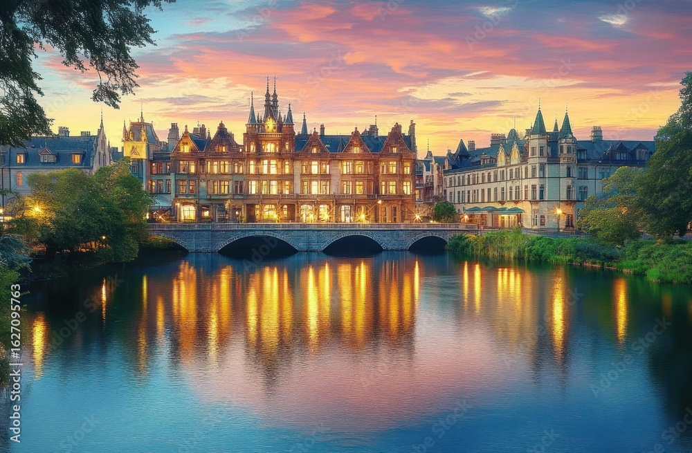 Obraz premium Historic European buildings illuminated at sunset alongside a calm river with reflections of warm lights and a dramatic colorful sky