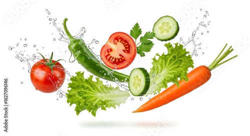 Wallpaper Mural Fresh vegetables in mid-air, water splashes Torontodigital.ca