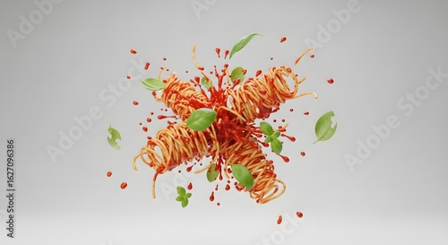 Spaghetti with tomato sauce explosion, basil