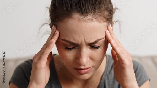 Wallpaper Mural Young woman with a painful headache holding her temples Torontodigital.ca