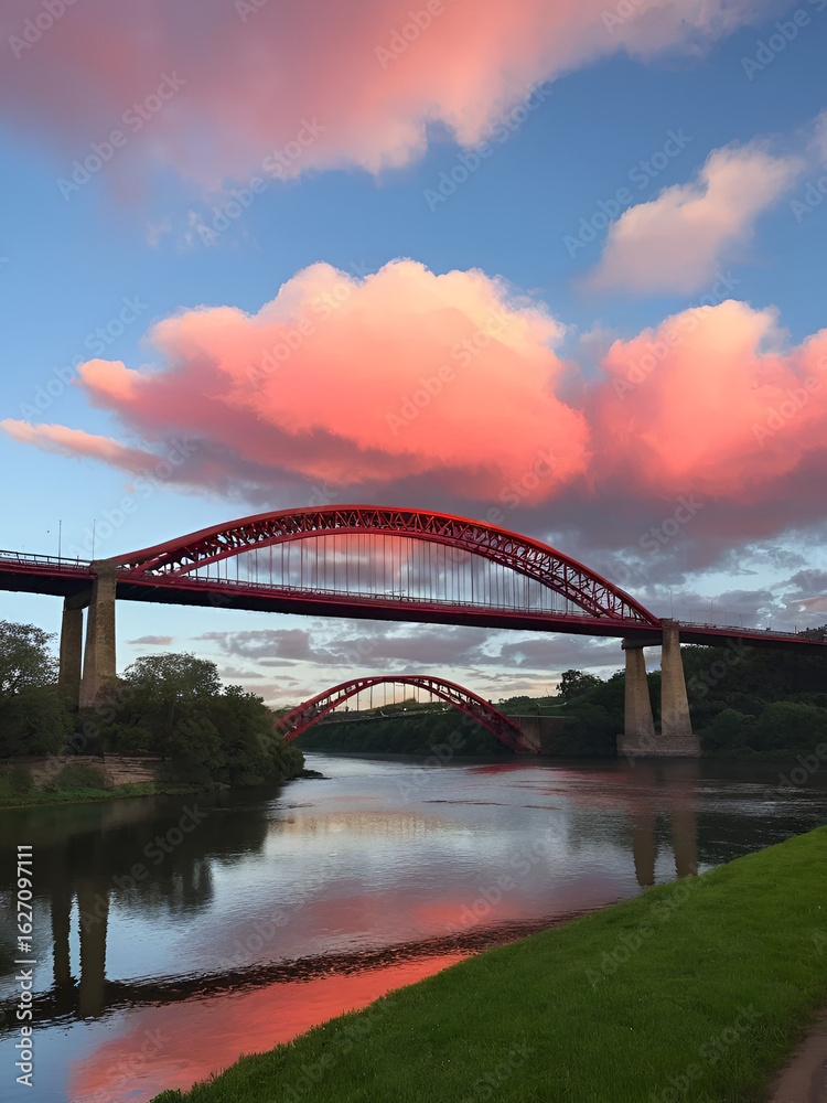 Naklejka premium Bridge over the river at noon with red clouds in the sky
