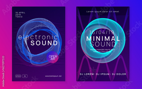 Party Flyer. Psychedelic Audio Illustration. Blue Sound Banner. Pink Dj Event. Night Club Trance Element. Electro Cover. Edm Magazine. Violet Party Flyer