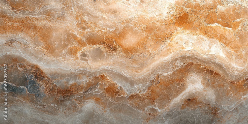 Obraz premium Close-up texture of natural marble stone showing layered patterns in brown, gray, and white tones with a rough, crystalline surface