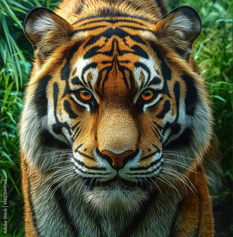 Obraz premium Close-up of a majestic tiger with intense amber eyes staring directly ahead surrounded by green foliage