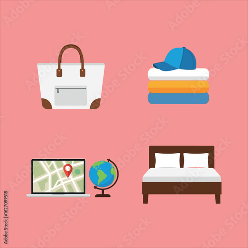 Flat design travel items including suitcase laptop globe and bed luggage