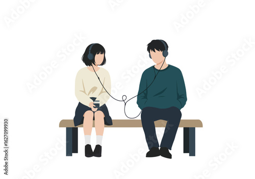 Vector Illustration of Couple Listening to Music in Minimalist Style Together on Bench Illustration in Subtle Colors
