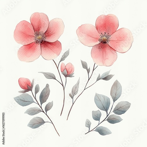 Delicate watercolor painting of two pink flowers with soft petals and gray-green leaves, accompanied by small flower buds, evoking a calm and gentle mood