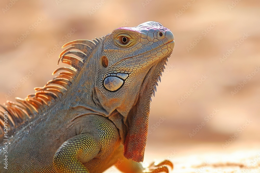 Fototapeta premium close-up of an iguana with textured scales and spiked crest basking in warm sunlight on a blurred background