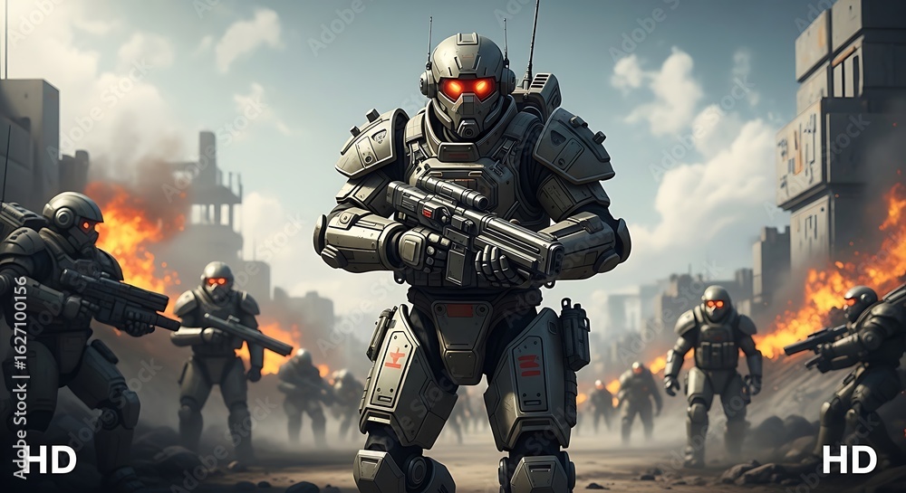 Naklejka premium Post-Apocalyptic Armored Soldiers in Fierce Combat