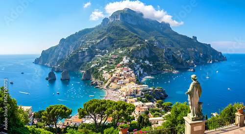 Elegant at garden on Capri Island town, Italy. Amalfi scenery and Solaro mountain. Landscape with sculpture and Blue Mediterranean Sea, Italian coast. Anacapri in Europe. View on Faraglioni, summer.
