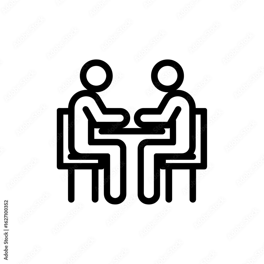 Fototapeta premium Outline icon of two business professionals seated at table in a meeting setting, concept for corporate discussion, project collaboration and teamwork planning.