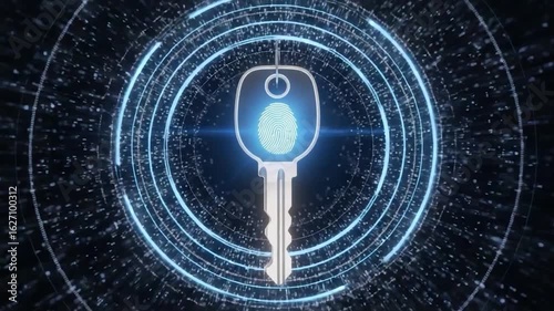 Digital Key with Fingerprint Scan and Futuristic Data Tunnel