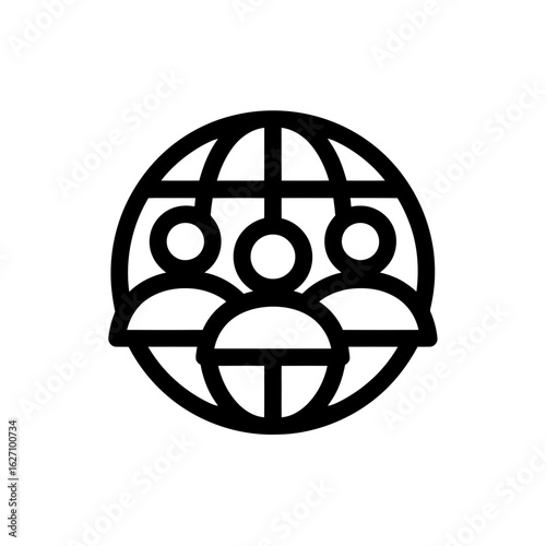 Minimalist outline icon of globe with people, concept for international collaboration network, global business community and team work across borders