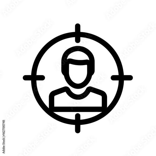 Abstract depiction of a human figure centered in crosshairs with clean outline design, concept for target audience analysis, personnel selection, and focused marketing strategy