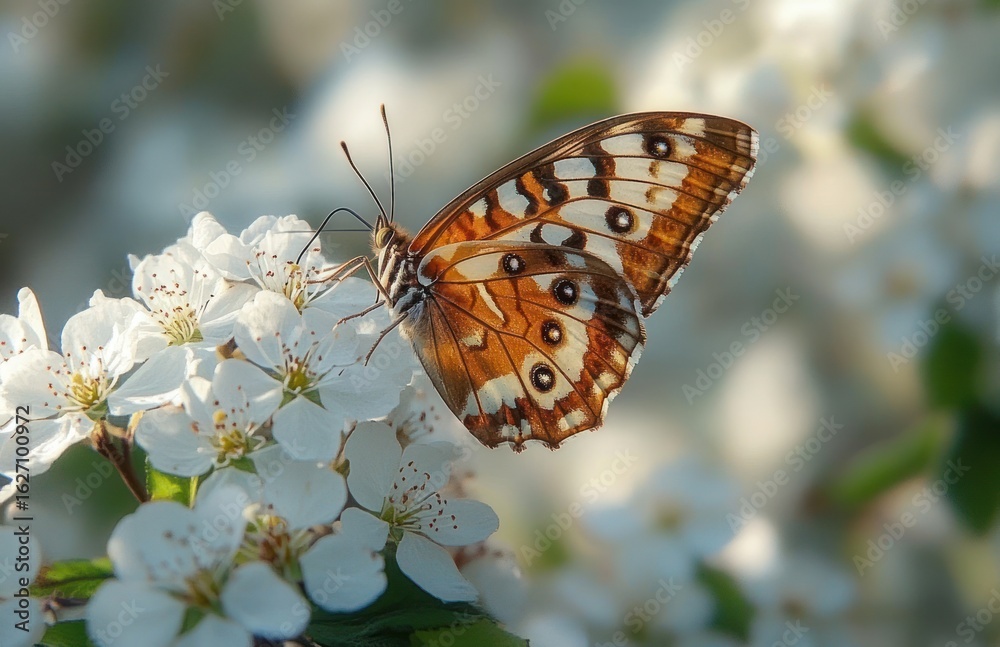 Obraz premium Close-up of an orange and white patterned butterfly perched on white blossoms with a soft blurred background