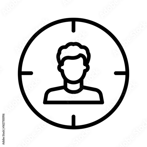 Silhouette of a person's head and shoulders inside a target reticle, centrally aligned, concept for audience targeting, focus group analysis, and demographic research.
