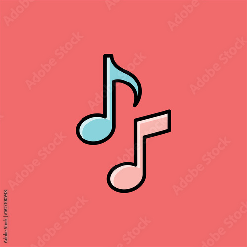 Two musical notes one blue one pink on a coral background melody sound