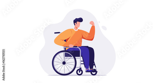Young man with disability showing strength in a wheelchair illustration  