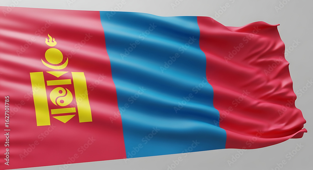 Mongolian Flag Waving in the Wind Against a White Background Mongolian Flag Waving in the Wind Against a White Background