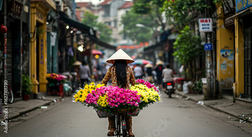 Spacious in traditional vietnamese hat on bicycle selling flowers in the street market in Hanoi, Vietnam