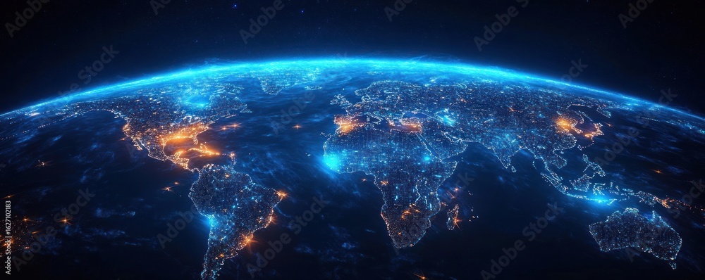 Obraz premium View of Earth from space at night showing illuminated city lights across continents including Americas, Europe, Africa, Asia, and Australia under a starry sky