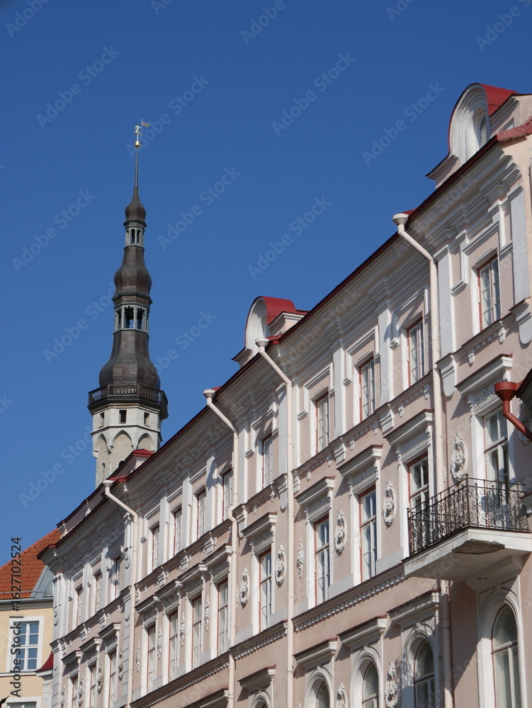 Fototapeta premium Beautiful picture of the tower of Tallin's old Town Hall and the geometry of the streets of Tallinn. Taken during a lovely summer day.
